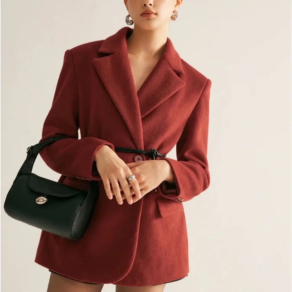 Wool blend premium quality red oversized drawstring tie belt blazer jacket - Picture 3 of 9